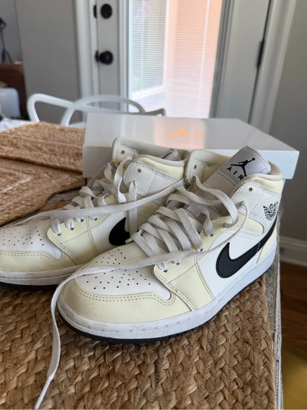 Jordan 1 Mid Coconut Milk with Black Swoosh